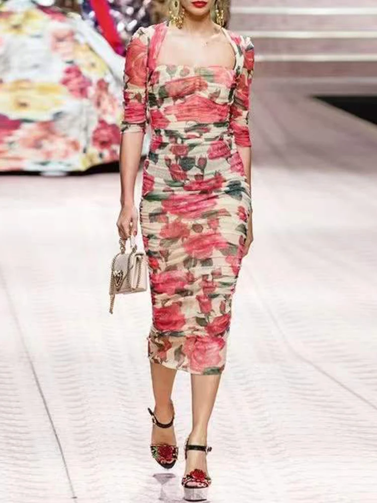 Spring and summer catwalk style rose print mesh dress women's slim waist sexy bag hip fold tube top mid-length dress women
Spring and summer catwalk style rose print mesh dress women's slim waist sexy bag hip fold tube top mid-length dress women