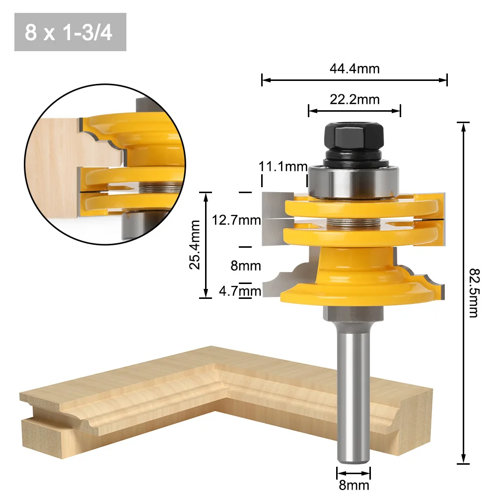 8mm Shank One-Piece Reversible Stile and Rail Router Bit Woodoworking Milling Cutter Diameter-44mm Cutting Length-25.4mm
8mm Shank One-Piece Reversible Stile and Rail Router Bit Woodoworking Milling Cutter Diameter-44mm Cutting Length-25.4mm