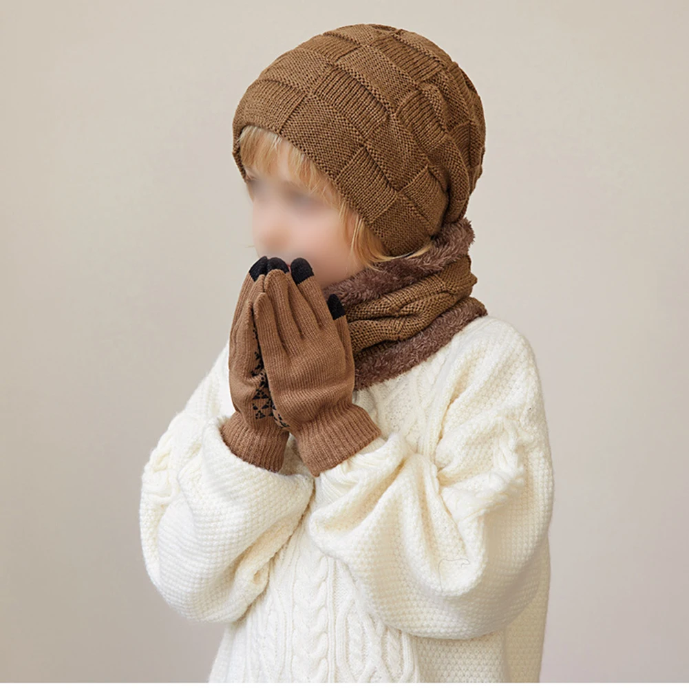 

Детские шапки перчатки шарфы наборы Зимний бархатный теплый пуловер вязаная шапочка шапка варежки шарф зимние теплые аксессуары