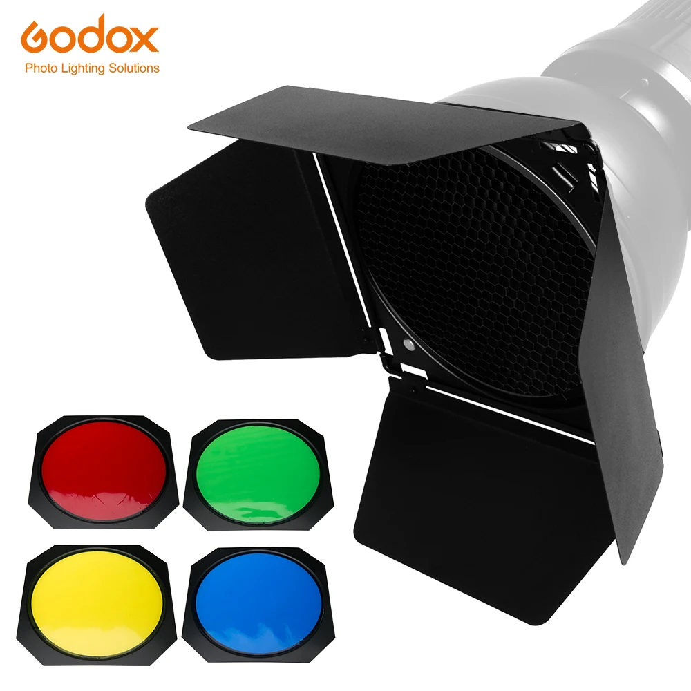 

Godox BD-04 Barn Door С Honeycomb Grid и 4 цветными гелевыми фильтрами (красный желтый синий зеленый)