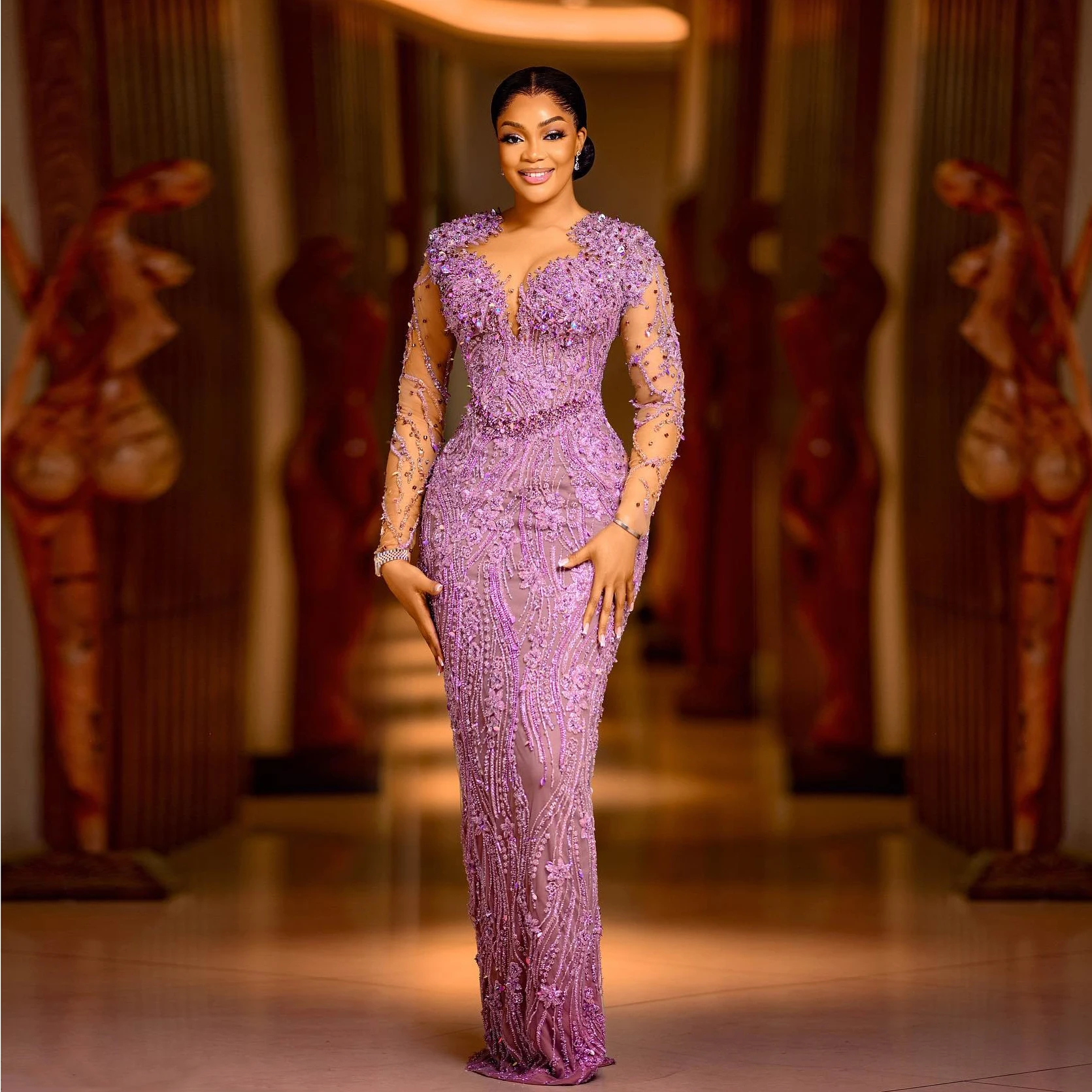 Elegant Beaded Lace African Evening Dresses Long Sleeves Nigerian Formal Dress Lilac Wedding Reception Gown Aso ebi Prom Dresses
Elegant Beaded Lace African Evening Dresses Long Sleeves Nigerian Formal Dress Lilac Wedding Reception Gown Aso ebi Prom Dresses