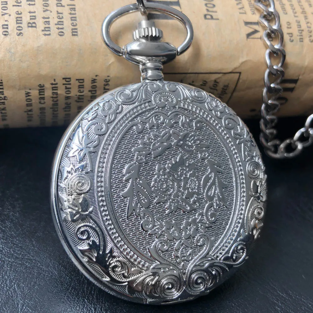 Silver Luxury Exquisite Artistic Carved Quartz Pocket Watch Necklace Pendant Gifts For Women Or Man with Fob Chain
Silver Luxury Exquisite Artistic Carved Quartz Pocket Watch Necklace Pendant Gifts For Women Or Man with Fob Chain