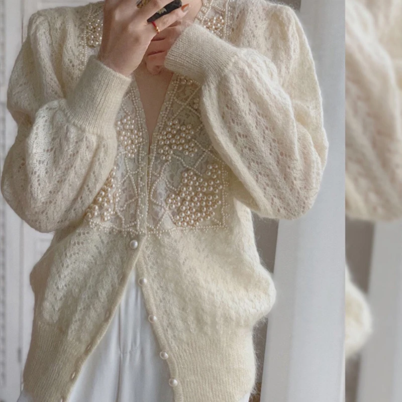 Hollow Pearl Blouse StreetwearCasualAutumn Wild knitted Cardigan Loose SweaterNewLadies Vintage Sweet Single Breasted Tops
Hollow Pearl Blouse StreetwearCasualAutumn Wild knitted Cardigan Loose SweaterNewLadies Vintage Sweet Single Breasted Tops