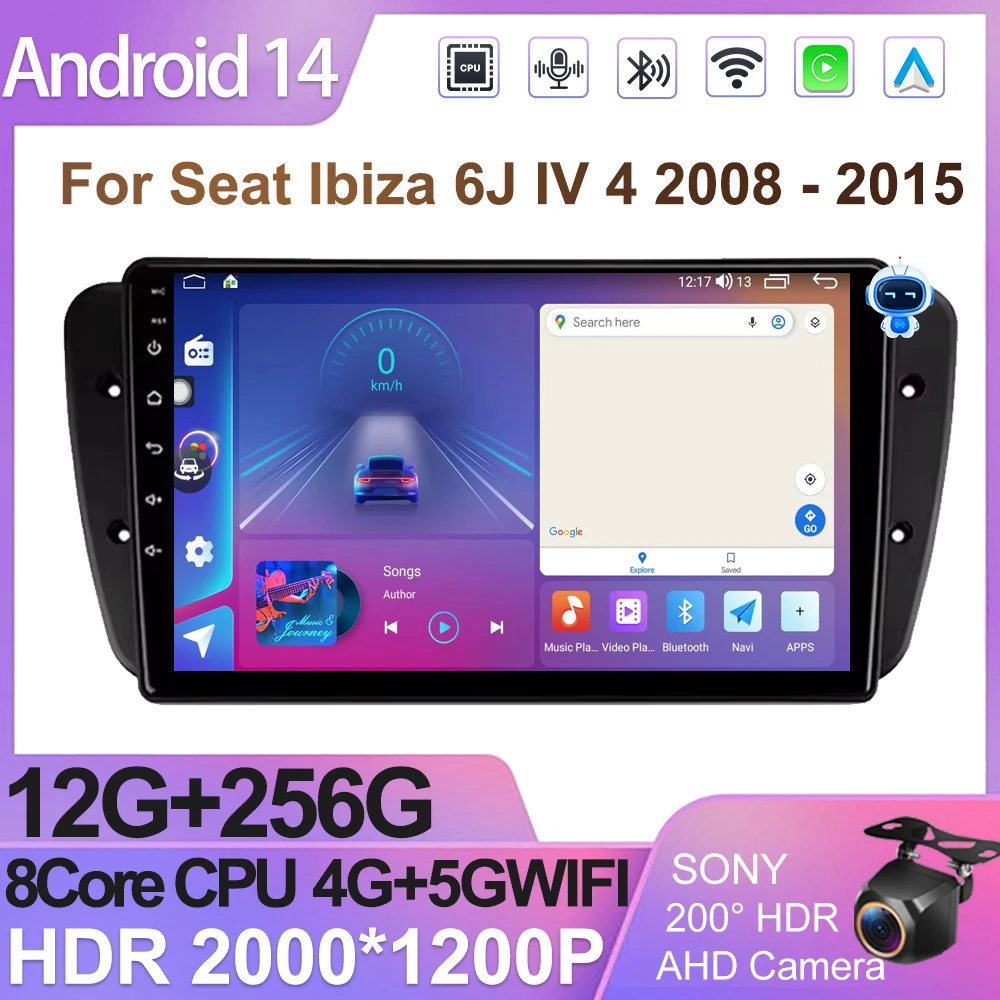 Автомобильный радиоприемник Android 14 для Seat Ibiza 6J IV 4 2008-2015 GPS-навигация Авто