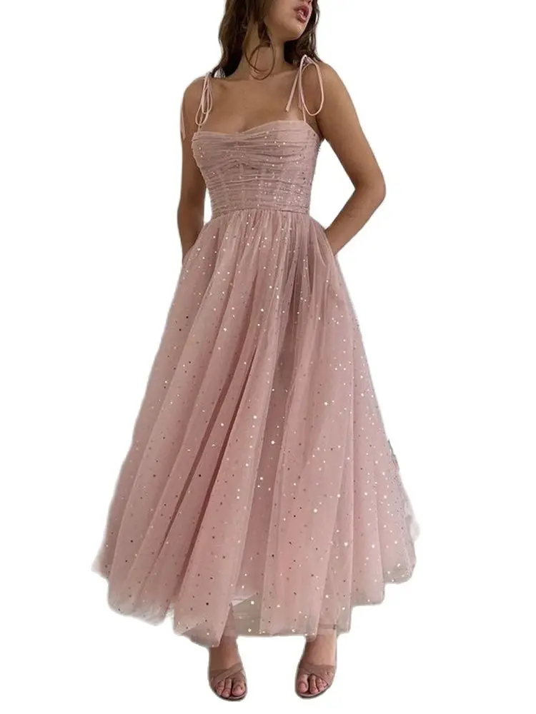 2022 Glitter Raffia Cream Pink Tulle Prom Dresses With Golden Stars Spaghetti Straps Backless Long Party Gowns
2022 Glitter Raffia Cream Pink Tulle Prom Dresses With Golden Stars Spaghetti Straps Backless Long Party Gowns