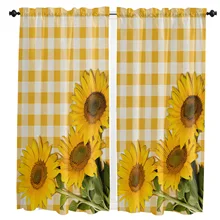 Sunflower Yellow Plaid Small Curtain Rod Pocket Short Curtains Half Drapes Partition Cabinet Door Window Curtains Home Decor