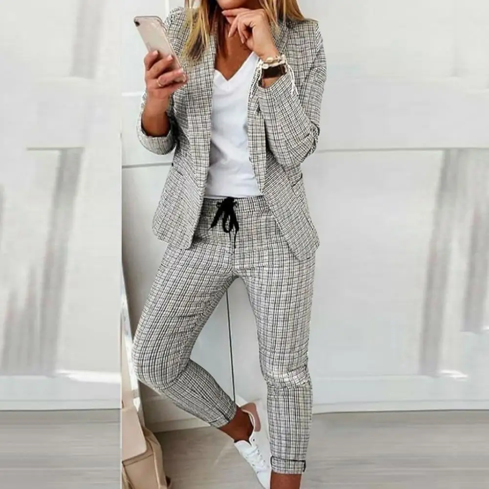 

Lady Outfit Set Slim Fit Two-piece Open Stitch Women Blazer Pants Set OL Style Women Blazer Pants Set for Business Trip