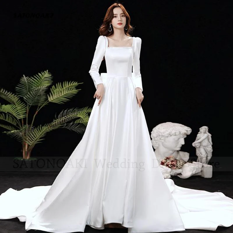 Женское атласное платье с бантом, Элегантное свадебное платье с длинным рукавом и квадратным вырезом, 2023
Женское атласное платье с бантом, Элегантное свадебное платье с длинным рукавом и квадратным вырезом, 2023