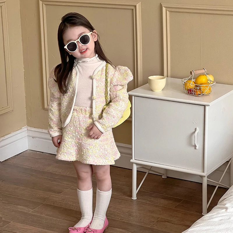 

Spring Autumn Girls 2 Pcs Set Toddler Coat + Skirt Kids Suit Baby Outfit Children Brand Clothes Puff Sleeve Gunny 1-6Y