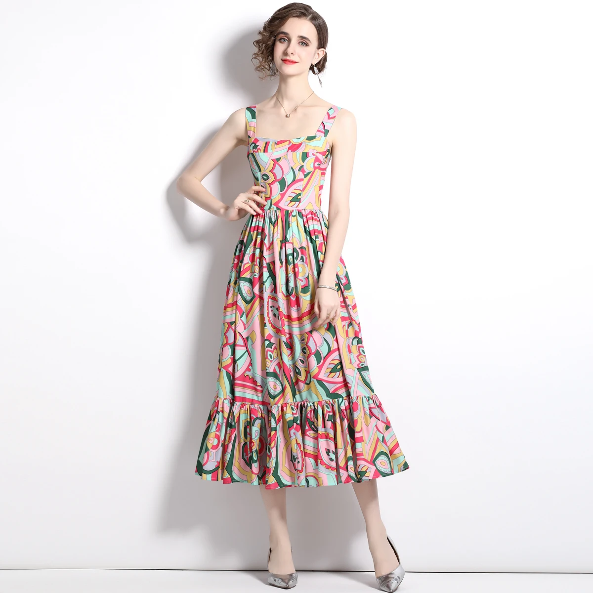 

Merchall Fashion Runway Summer Spaghetti Strap Dress Women's Sleeveless Floral Print Bohemia Vacation Long Dress Vestidos