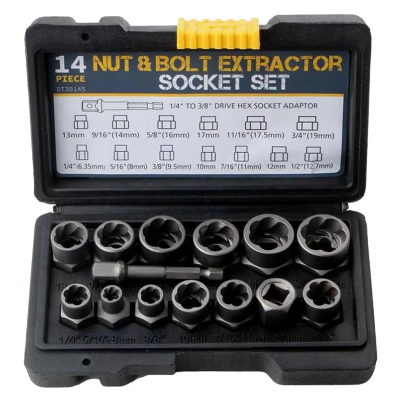 14Piece Impact Bolt & Nut Remover Set Stripped Lug Nut Remover With Hex Adapter Extraction Socket Set
14Piece Impact Bolt & Nut Remover Set Stripped Lug Nut Remover With Hex Adapter Extraction Socket Set