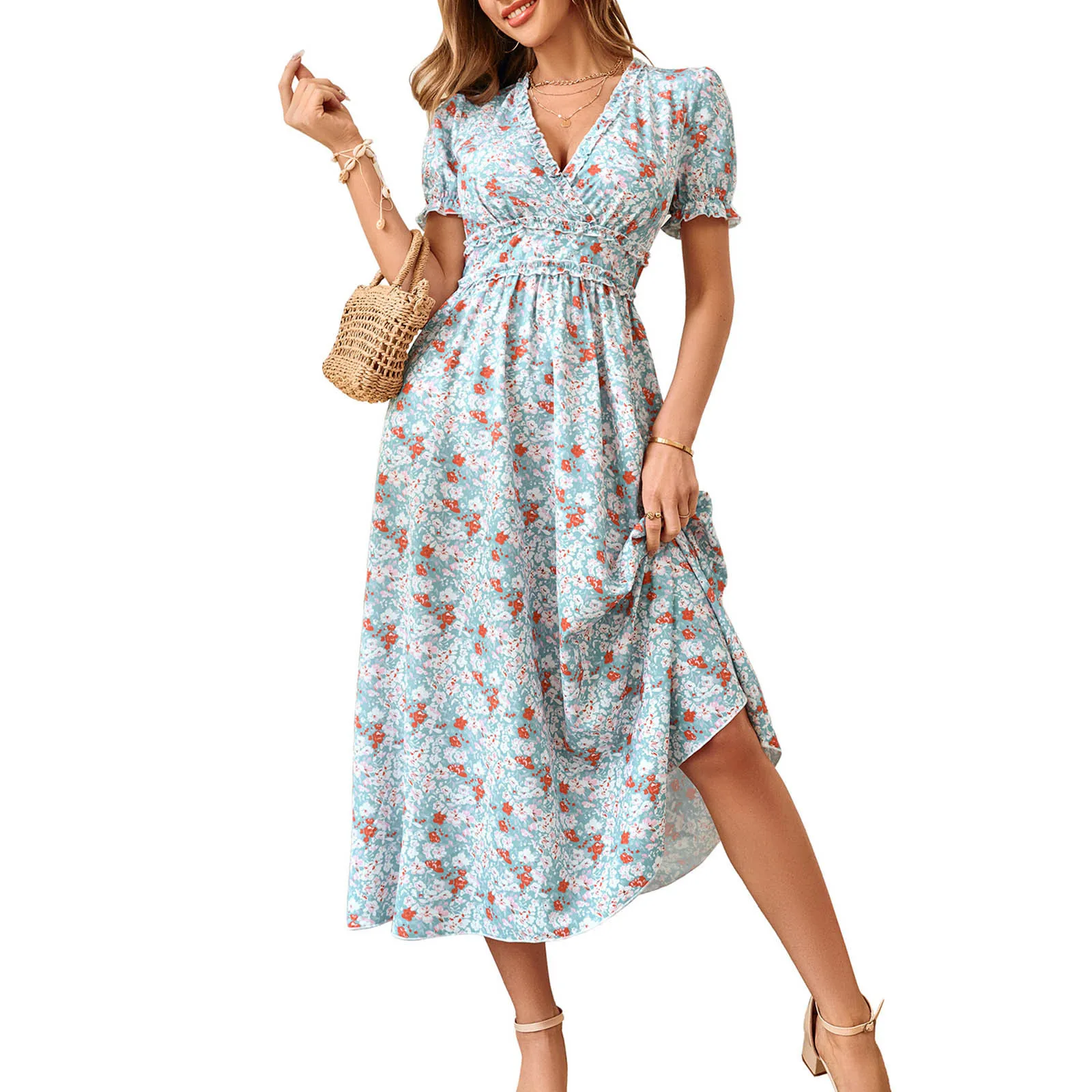 Женское платье с коротким рукавом, V-образным вырезом и оборками 
Женское платье с коротким рукавом, V-образным вырезом и оборками