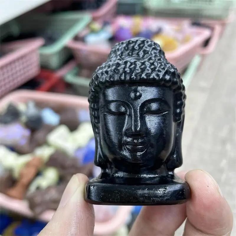 

Natural Black Obsidian Buddha Head Crystal Figurine Carving Buddhism Home Decoration Healing Meditate Reiki Feng Shui 1pcs