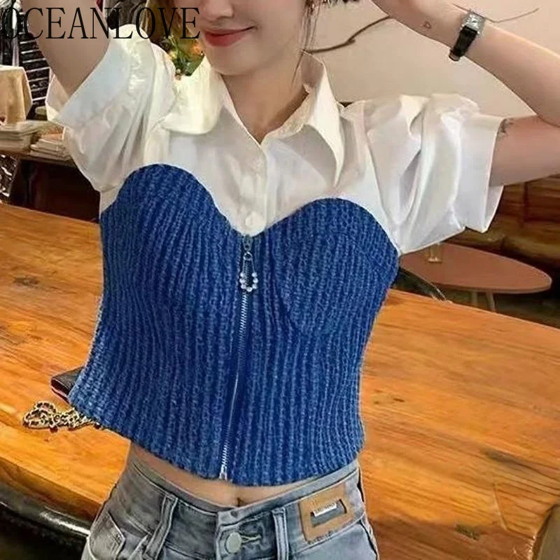 Short Blouses 2 Pieces Zipper Patchwork Sexy Spring Summer Women Shirts Korean ashion Vintage Blusas Mujer
Short Blouses 2 Pieces Zipper Patchwork Sexy Spring Summer Women Shirts Korean ashion Vintage Blusas Mujer