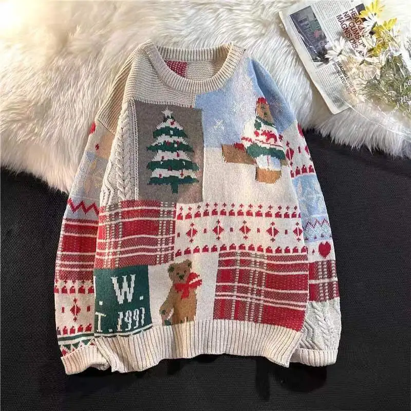 

Новинка, теплые пуловеры, свитер с круглым вырезом, Женский уличный жаккардовый свитер с рождественской елкой, свободный зимний свитер для пар, 2022