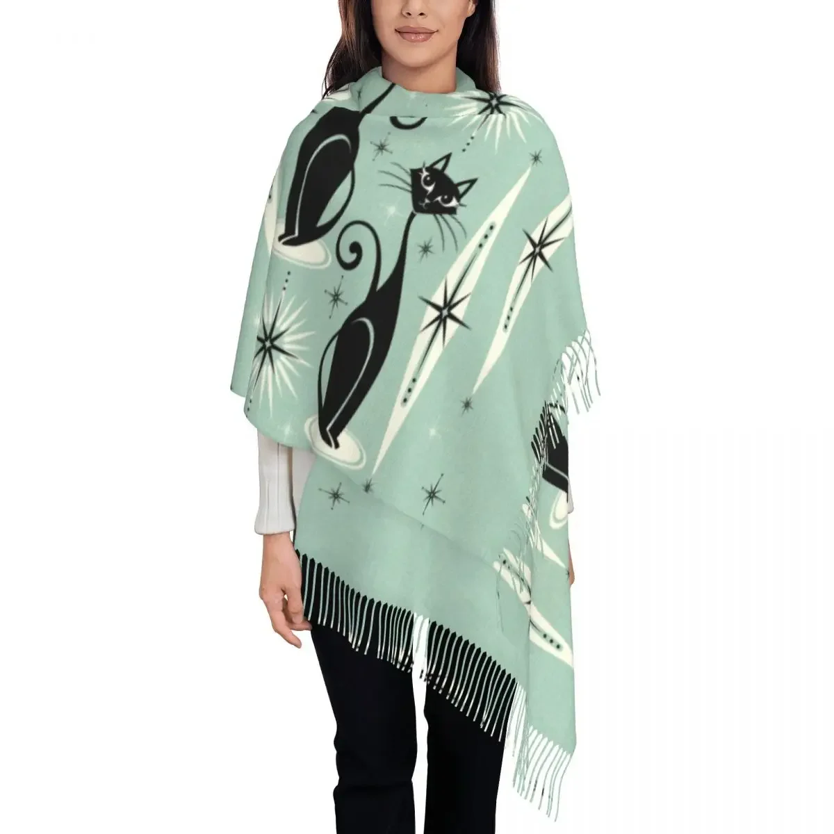 Luxury Mid Century Atomic Black Cats Meow Tassel Scarf Women Winter Warm Shawl Wrap Ladies Vintage Style Cartoon Kitten Scarves 
Luxury Mid Century Atomic Black Cats Meow Tassel Scarf Women Winter Warm Shawl Wrap Ladies Vintage Style Cartoon Kitten Scarves