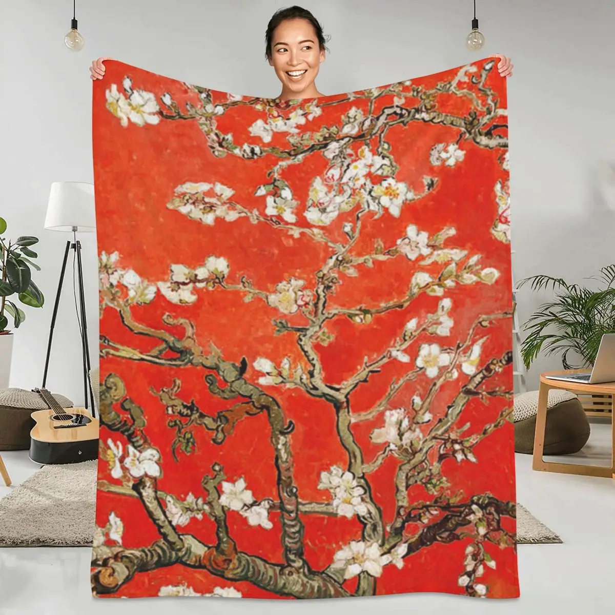 

Vincent Van Gogh Blanket Red Almond Blossoms Travel Office Flannel Throw Blanket Soft Warm Couch Bed Custom Bedspread Gift Idea
