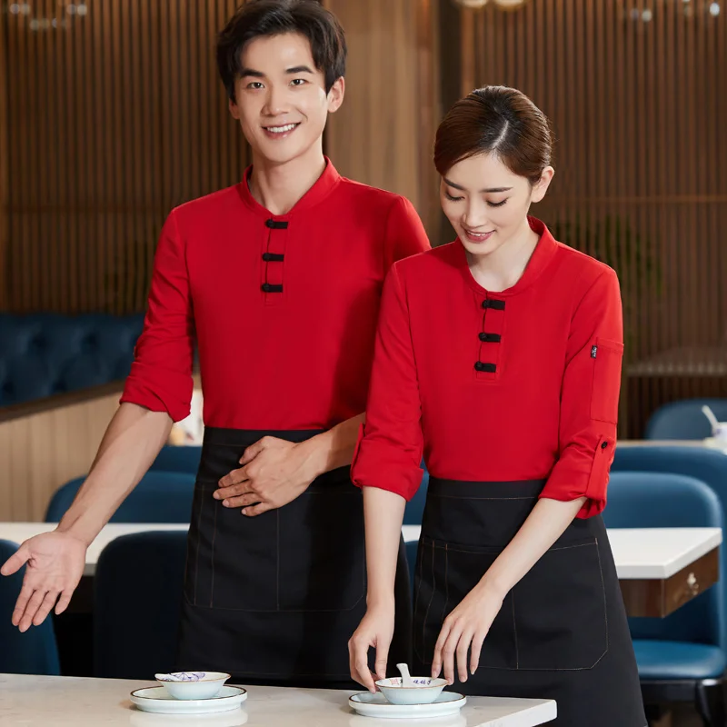 

Catering Staff Work Clothes Long Sleeve Female Chinese Restaurant Waitress Uniform+Apron Set Hotpot Hotel Waiter Workwear