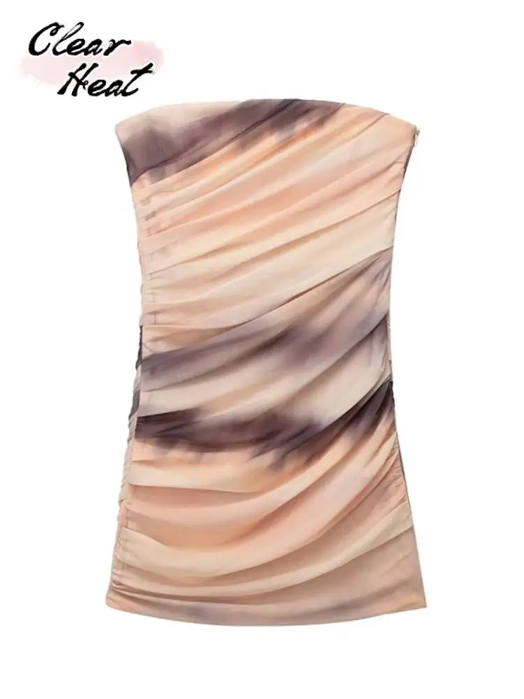 

Женское Короткое платье без бретелек, с принтом и драпировкой из тюля, с прямым вырезом и боковой молнией, 2023