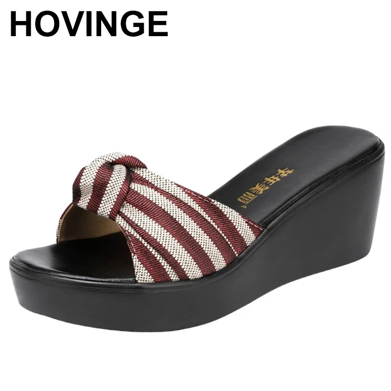 

Big Size 32-43 Platform Slippers Women Summer Shoes 2023 Fashion Stipe Open Head Medium Heel Wedges Slides Ladies Beach Slipper