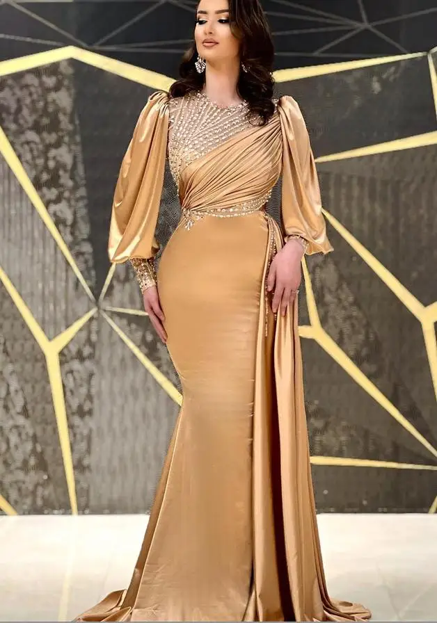 Champagne Gold Mermaid Long Sleeve Evening Formal Dresses 2022 Beaded Silk Stain Arabic Aso Ebi Trumept Occasion Prom Dress
Champagne Gold Mermaid Long Sleeve Evening Formal Dresses 2022 Beaded Silk Stain Arabic Aso Ebi Trumept Occasion Prom Dress