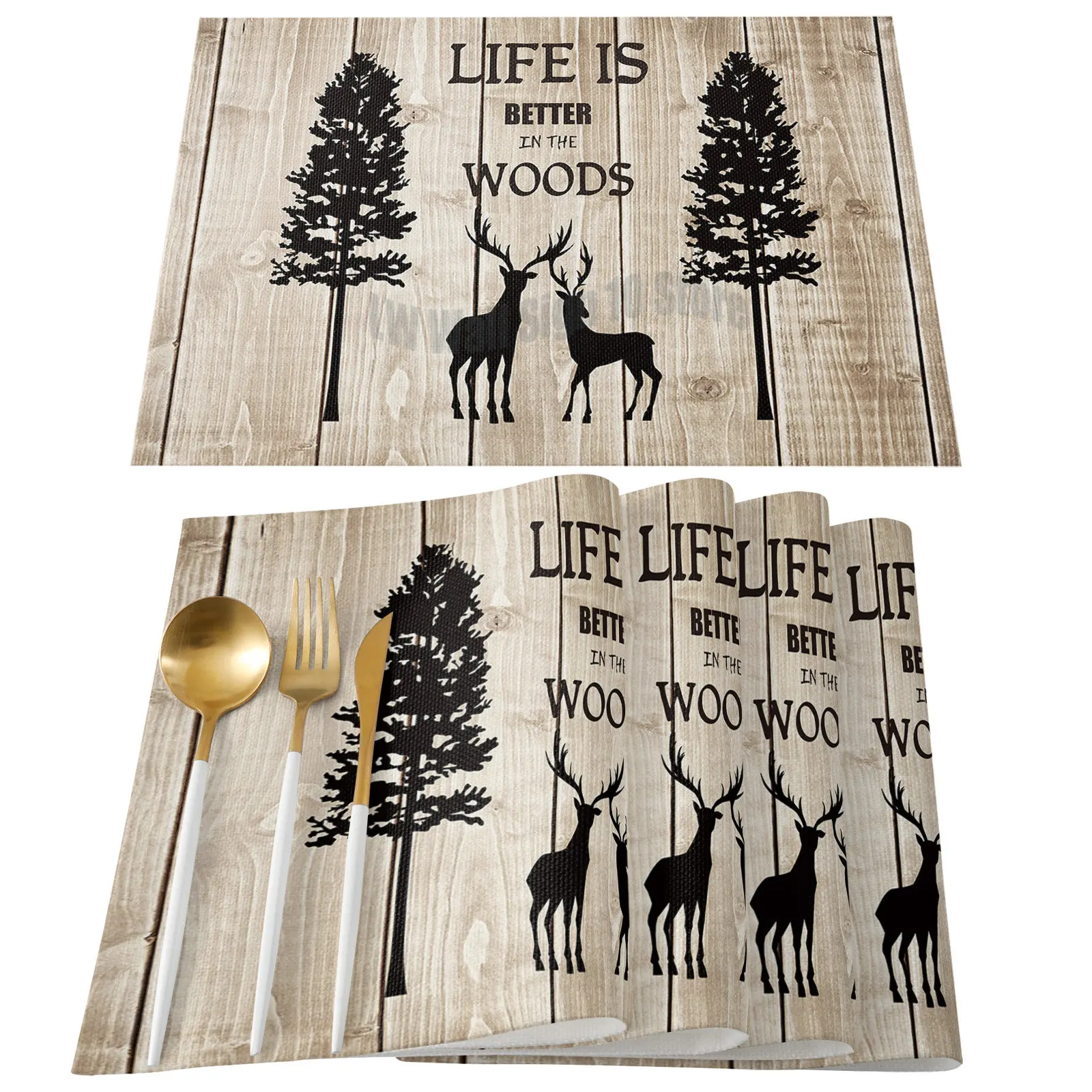 

4/6 Pcs Placemat Wood Grain Winter Deer Pine Tree Silhouette Kitchen Placemat Christmas Coffee Dining Table Mats Coaster Pad