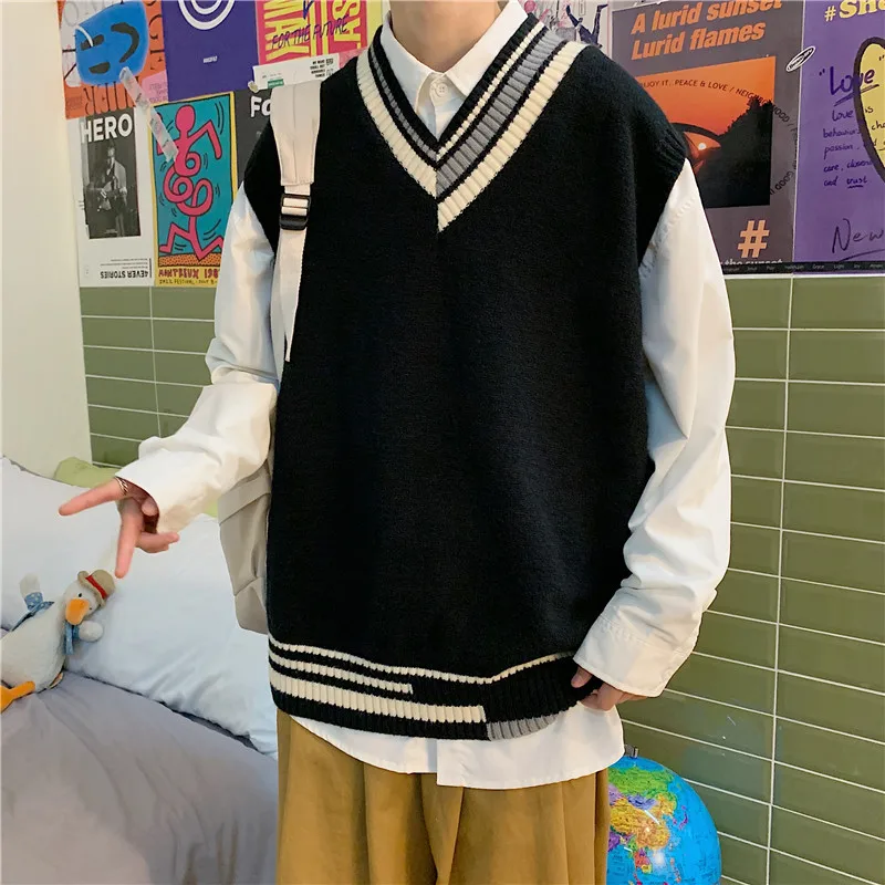 

Men Knitted Sweater VNeck Vest JK Uniform Pullover Sleeveless Sweater Women Oversize Knit Vest Harajuku Jumper Pullover Tank Top