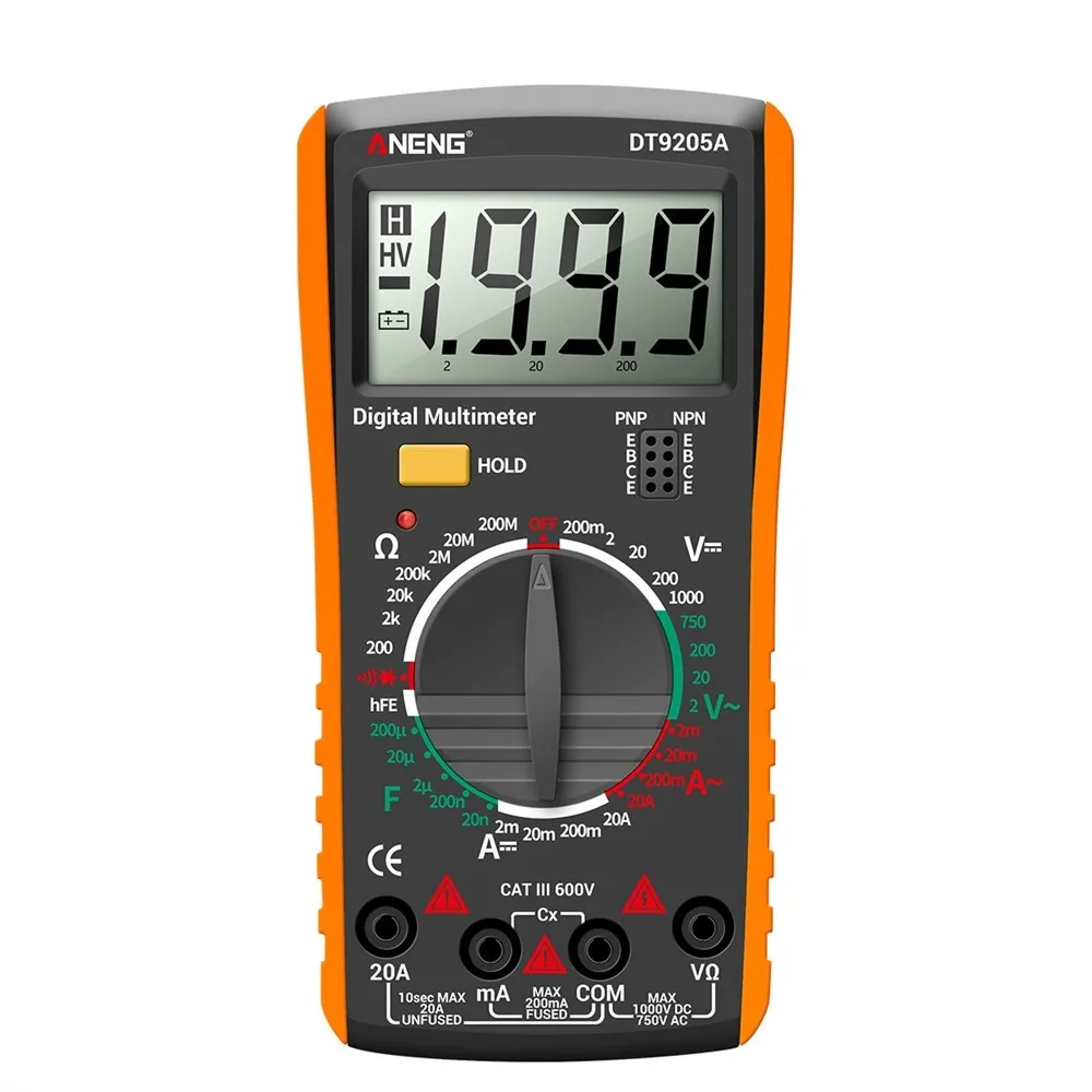 DT9205A Digital Multimeter AC DC Voltmeter Ammeter Capacitance Tester Meter 9V 6F22 Battery Or AAA Battery
DT9205A Digital Multimeter AC DC Voltmeter Ammeter Capacitance Tester Meter 9V 6F22 Battery Or AAA Battery