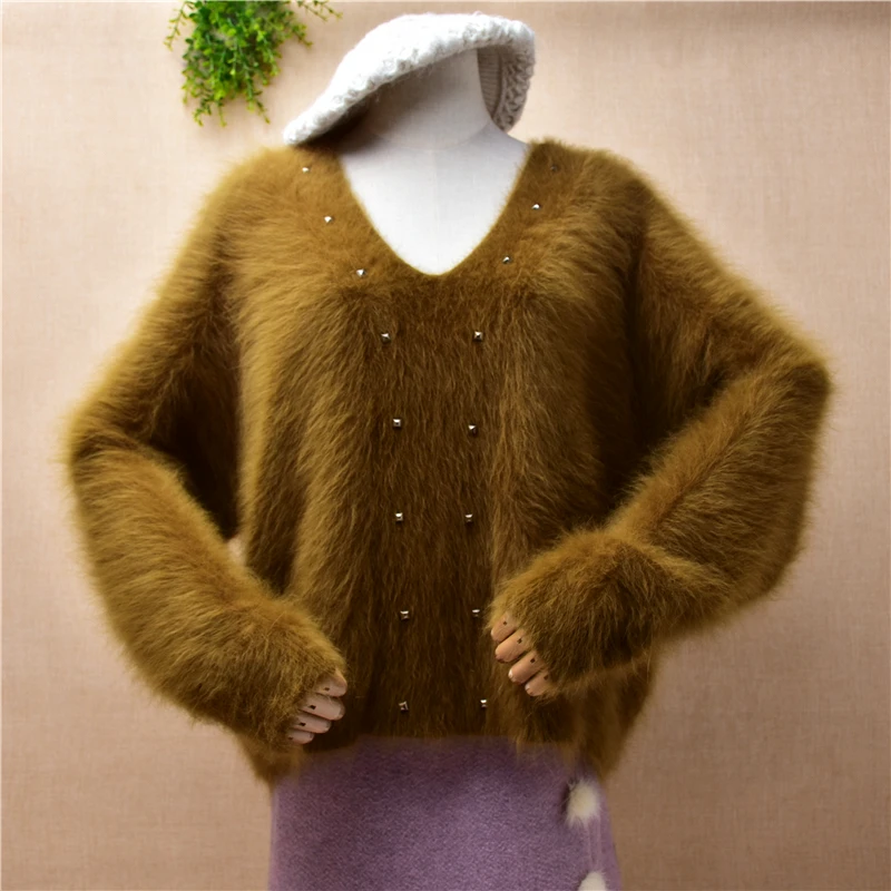ladies women fashion autumn winter clothing hairy mink cashmere knitted v-neck beaded loose pullover angora fur sweater pull top 
ladies women fashion autumn winter clothing hairy mink cashmere knitted v-neck beaded loose pullover angora fur sweater pull top