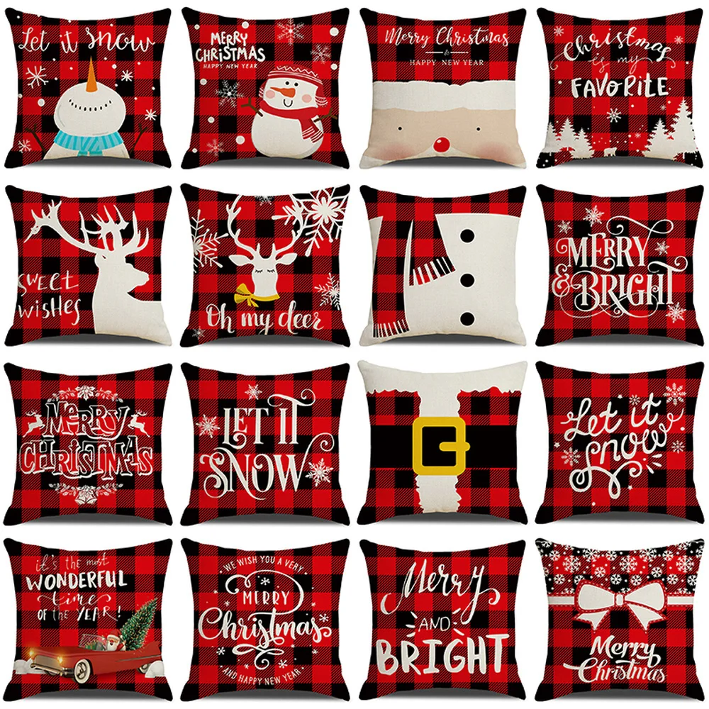 

Christmas Plaid Cushion Covers 18x18 Inch Farmhouse Home Decor Pillowcase Xmas Buffalo Check Letter Linen Throw Pillow Covers