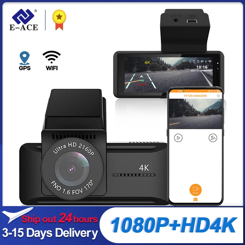 

E-ACE Автомобильный видеорегистратор Dashcam 3,16 дюймов WiFi Dash камера HD 4K видео рекордер поддержка 1080P камера заднего вида камера ночного видения а...