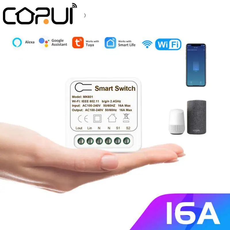 

CoRui 16A MINI Wifi Smart Home Switch Supporte 2way Control Timer Wireless Switches Automation Compatible Tuya Alexa Google Home