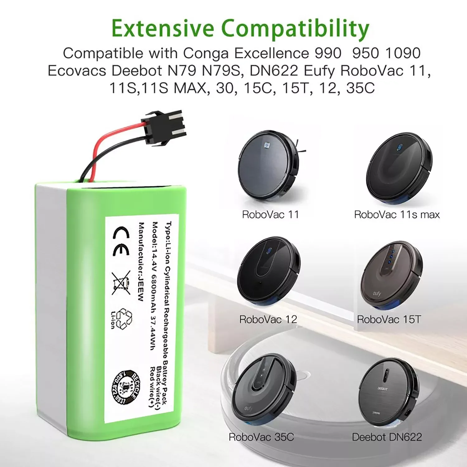 NEW2023 4S1P 14.4V 6800mAh Li-ion Battery for Conga Excellence 990 1090 Ecovacs Deebot N79S N79 DN622 Eufy Robovac 11 11S 12 35C
NEW2023 4S1P 14.4V 6800mAh Li-ion Battery for Conga Excellence 990 1090 Ecovacs Deebot N79S N79 DN622 Eufy Robovac 11 11S 12 35C