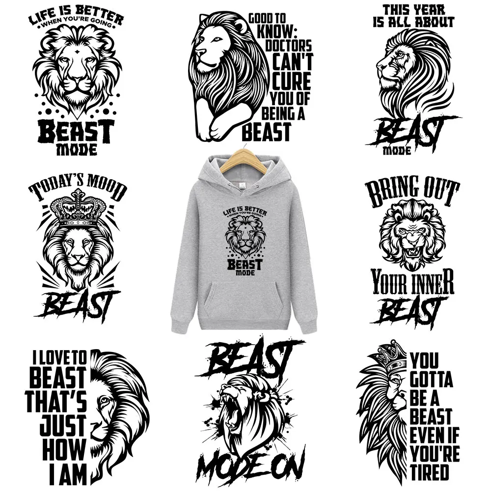 

Printing Cool Beast Lion Thermo Stickers Iron Patches For Shirt Black Heat Transfer DIY Applique Parches Thermo Stripes Decals