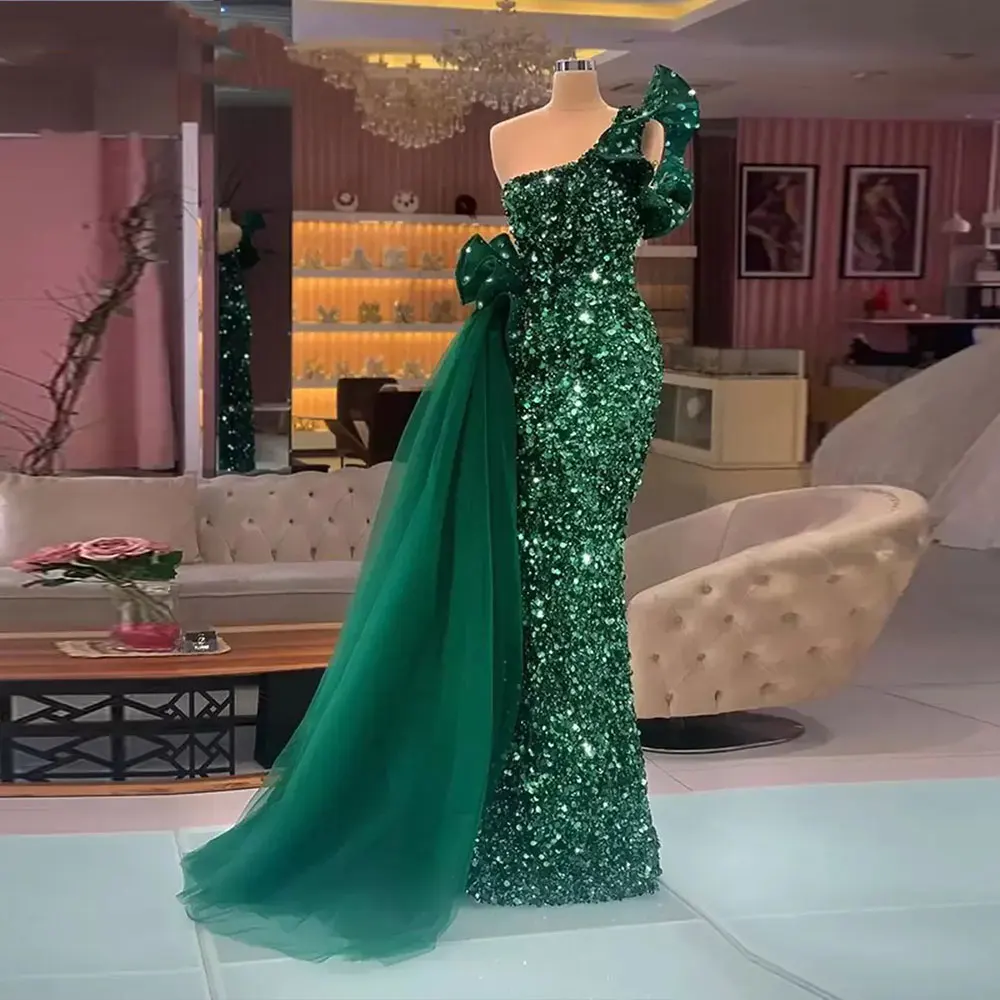 

Элегантные зеленые вечерние платья с блестками, женское платье с юбкой-годе на одно плечо, женское платье с кружевом и боковым шлейфом, официальное платье для выпускного вечера