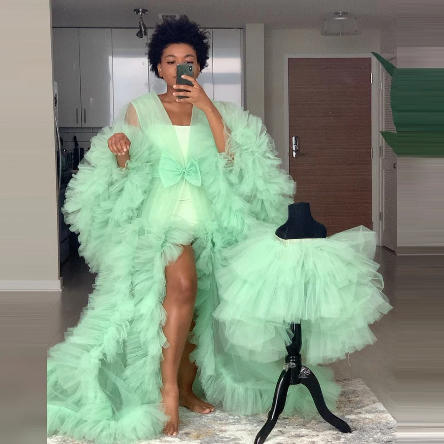 

Mint Robes Dresses Ruffles Extra Puffy Sleeves Prom Gown Puff Bow Bride Wear Custom Made Long Party Dress See Through