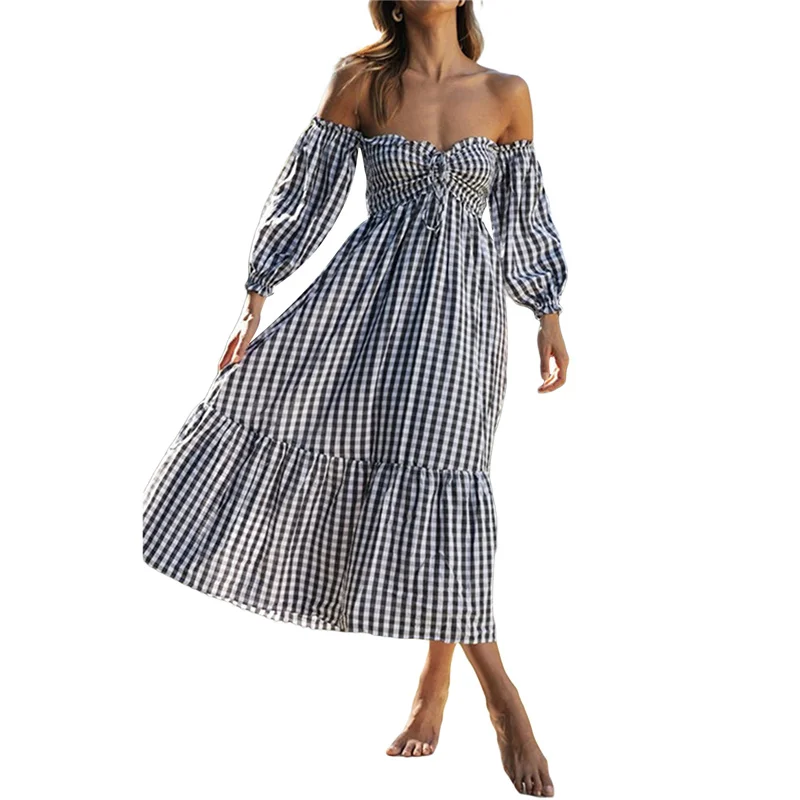 Ladies Party Black Plaid Dresses Summer Autumn Women Sexy Off-shoulder Ruched Strapless Backless Flowy Dress Casual Beach
Ladies Party Black Plaid Dresses Summer Autumn Women Sexy Off-shoulder Ruched Strapless Backless Flowy Dress Casual Beach