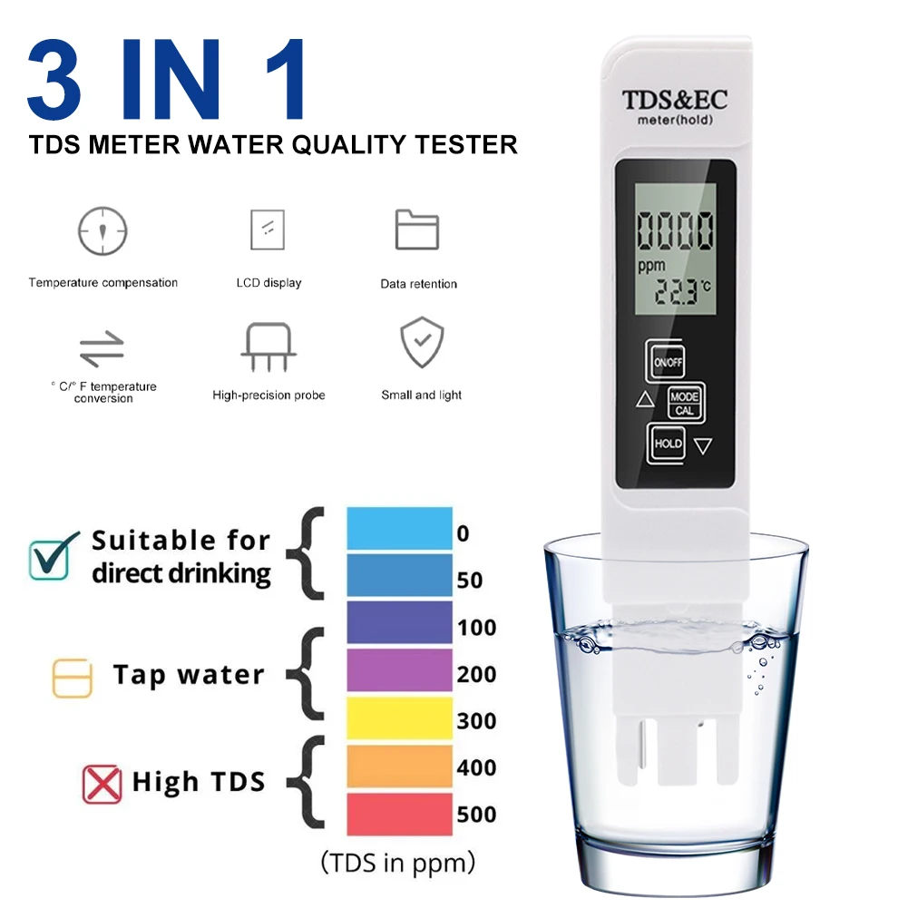 New 1PC Digital Water Quality Tester TDS EC Meter Range 0-9990 Multifunctional Water Purity Temperature Meter TEMP PPM Tester
New 1PC Digital Water Quality Tester TDS EC Meter Range 0-9990 Multifunctional Water Purity Temperature Meter TEMP PPM Tester