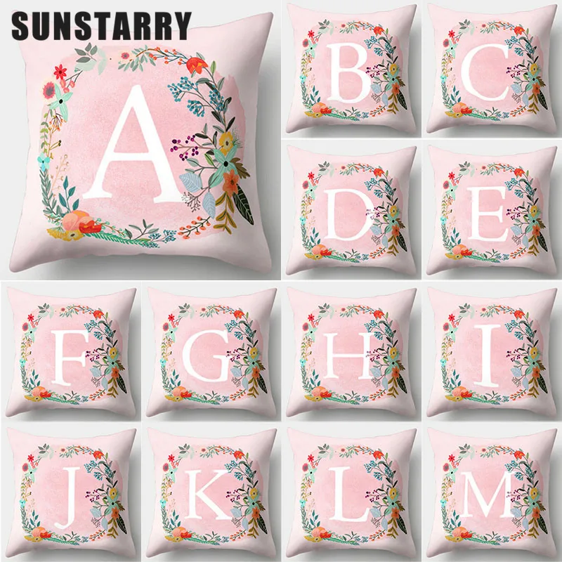 

Декоративная подушка для комнаты с буквами, наволочка из полиэстера с английским алфавитом и розовыми цветами, украшение для дивана, домашн...