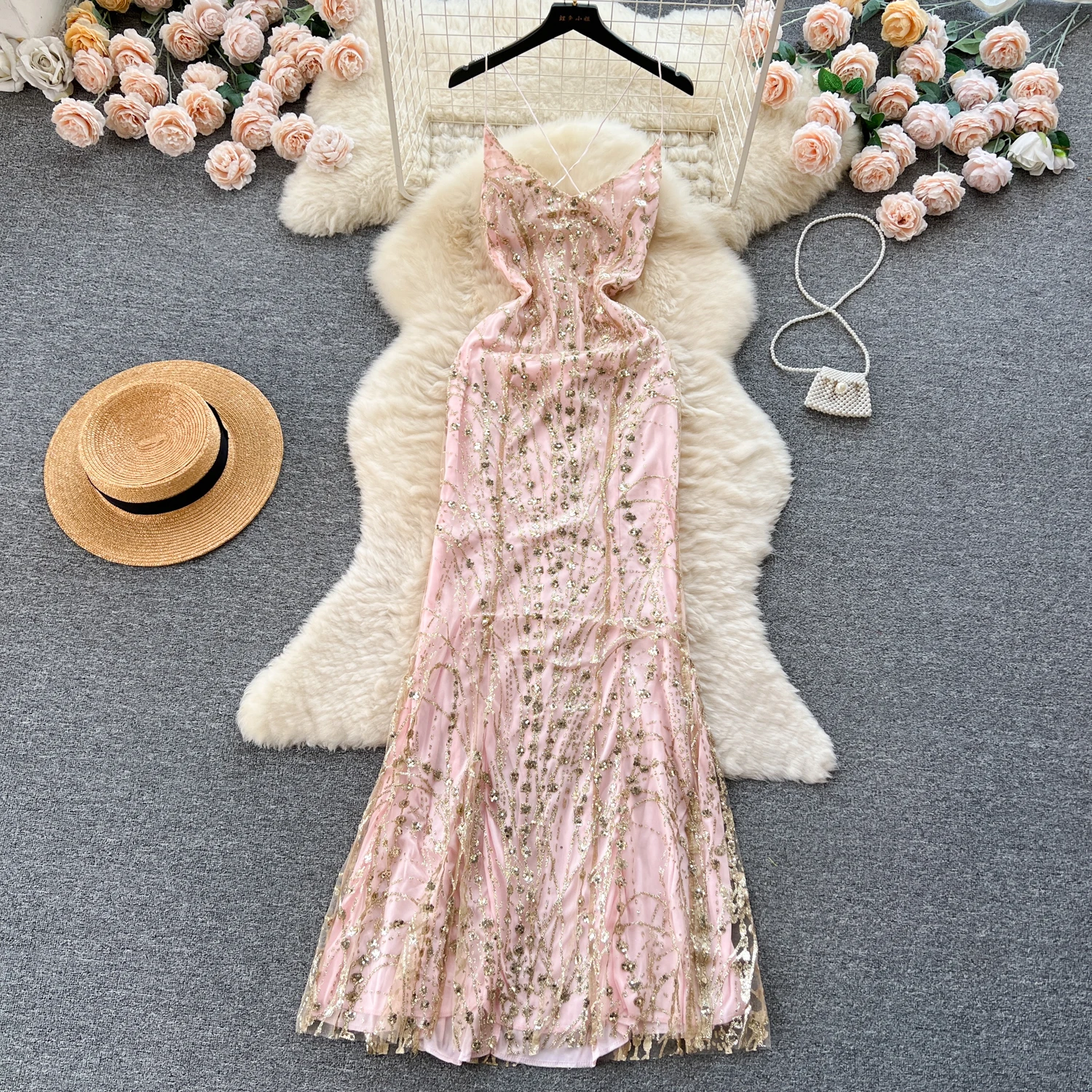 

Женское ажурное платье без рукавов, винтажное платье-комбинация с блестками и открытой спиной, платье с запахом в Корейском стиле на лето