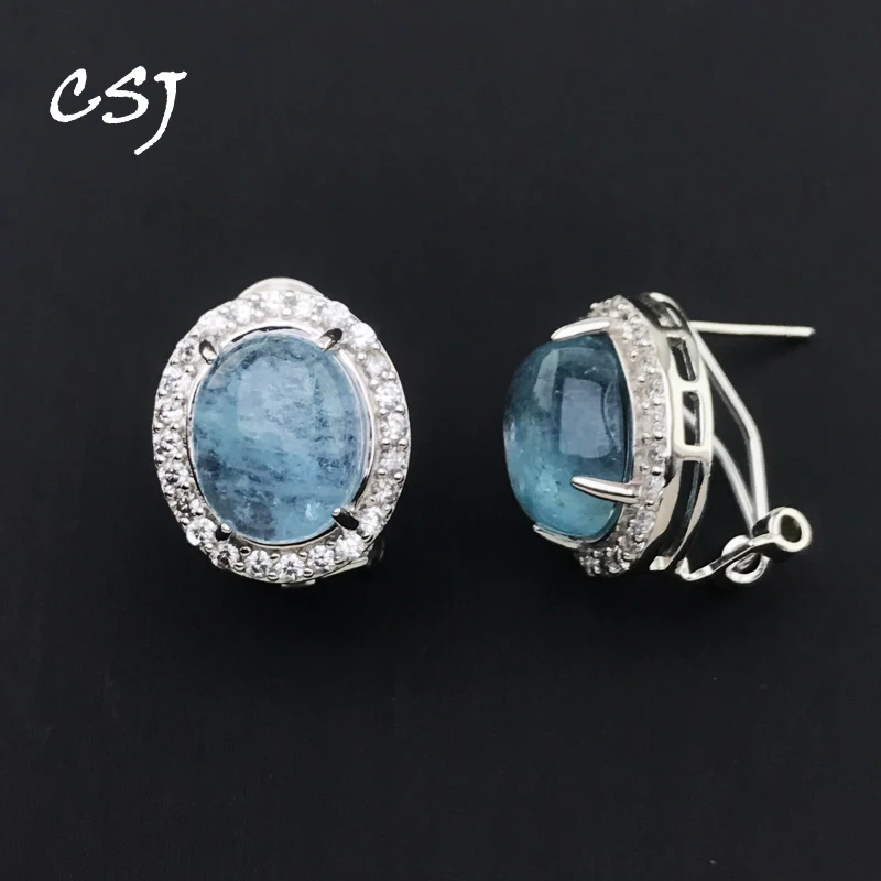

CSJ Natural Aquamarine Earrings Sterling 925 Silver Beryl Morganite Gemstone Oval 10*12mm for Women Birthday Party Jewelry Gift