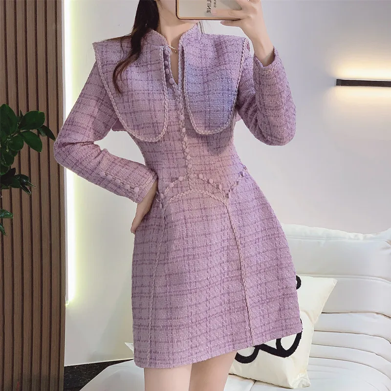 Streets Autumn Y2K Fashion Design New Tweed Vintage Dresses for Women Violet Long Sleeve Collect Waist Slim Mini Evening Dress
Streets Autumn Y2K Fashion Design New Tweed Vintage Dresses for Women Violet Long Sleeve Collect Waist Slim Mini Evening Dress