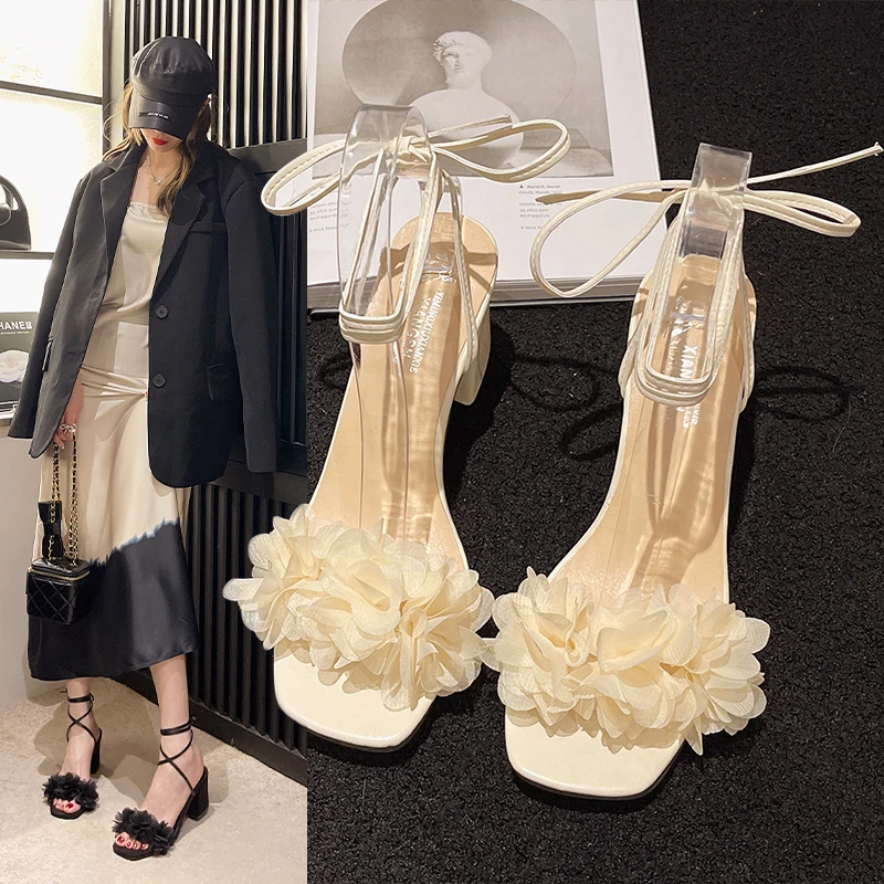 

Сандалии на высоком каблуке женские, универсальные удобные туфли с перекрестными ремешками, на шнуровке, бежевые, лето 2023