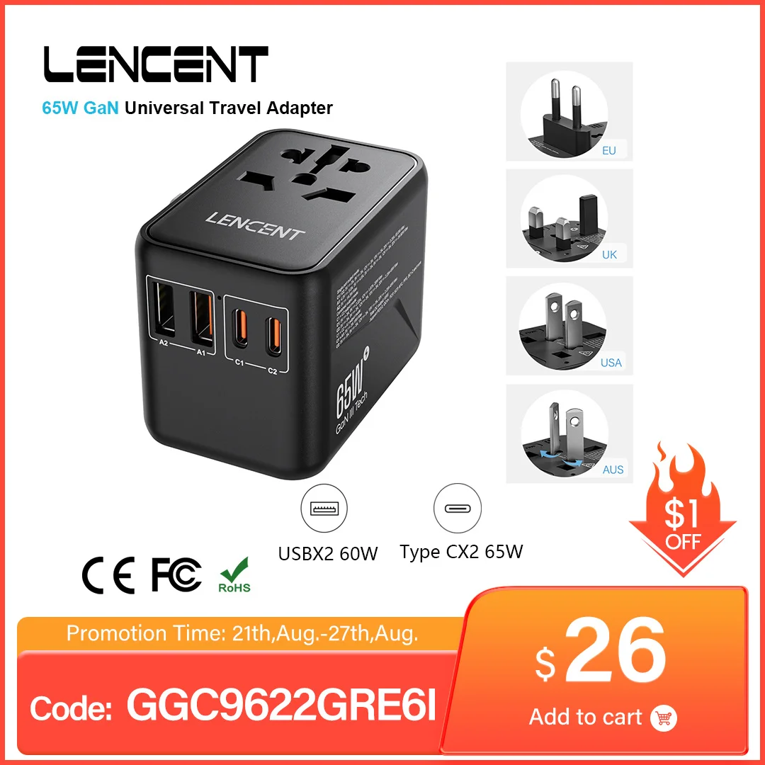 LENCENT 65W GaN Universal Travel Adapter with 2 USB Ports 2 Type C Fast Charher support PD3.0 PPS EU/UK/USA/AUS plug for Travel
LENCENT 65W GaN Universal Travel Adapter with 2 USB Ports 2 Type C Fast Charher support PD3.0 PPS EU/UK/USA/AUS plug for Travel