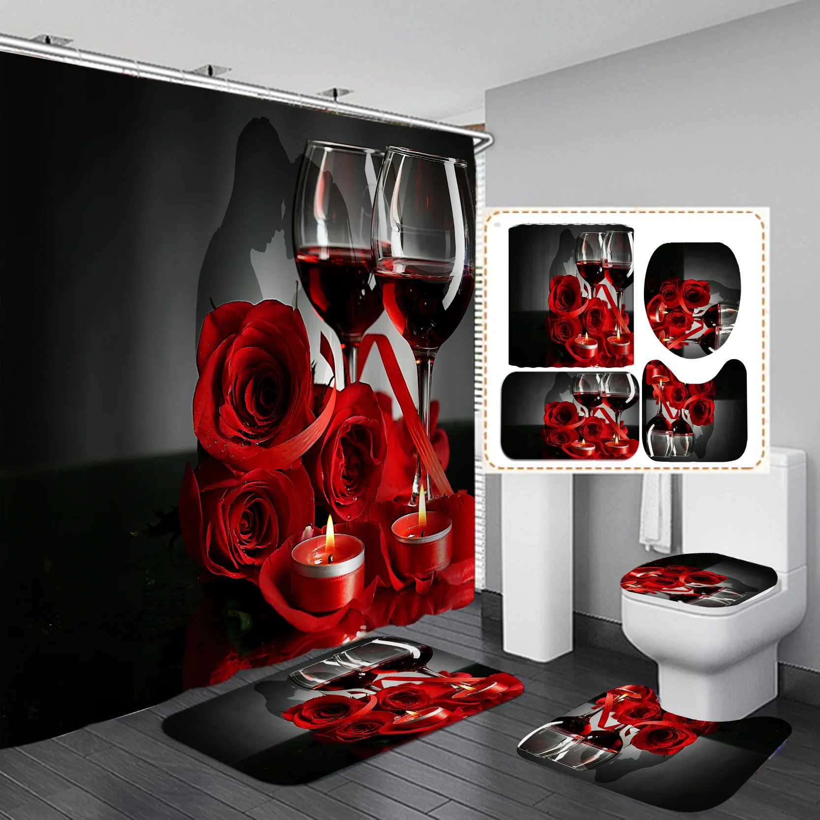 Sweetheart Bathroom Shower Curtain with Mat Sets Letter Lover Red Rose Print 4 Piece Set Non-slip Rug Toilet Cover Bath Mat Pad
Sweetheart Bathroom Shower Curtain with Mat Sets Letter Lover Red Rose Print 4 Piece Set Non-slip Rug Toilet Cover Bath Mat Pad