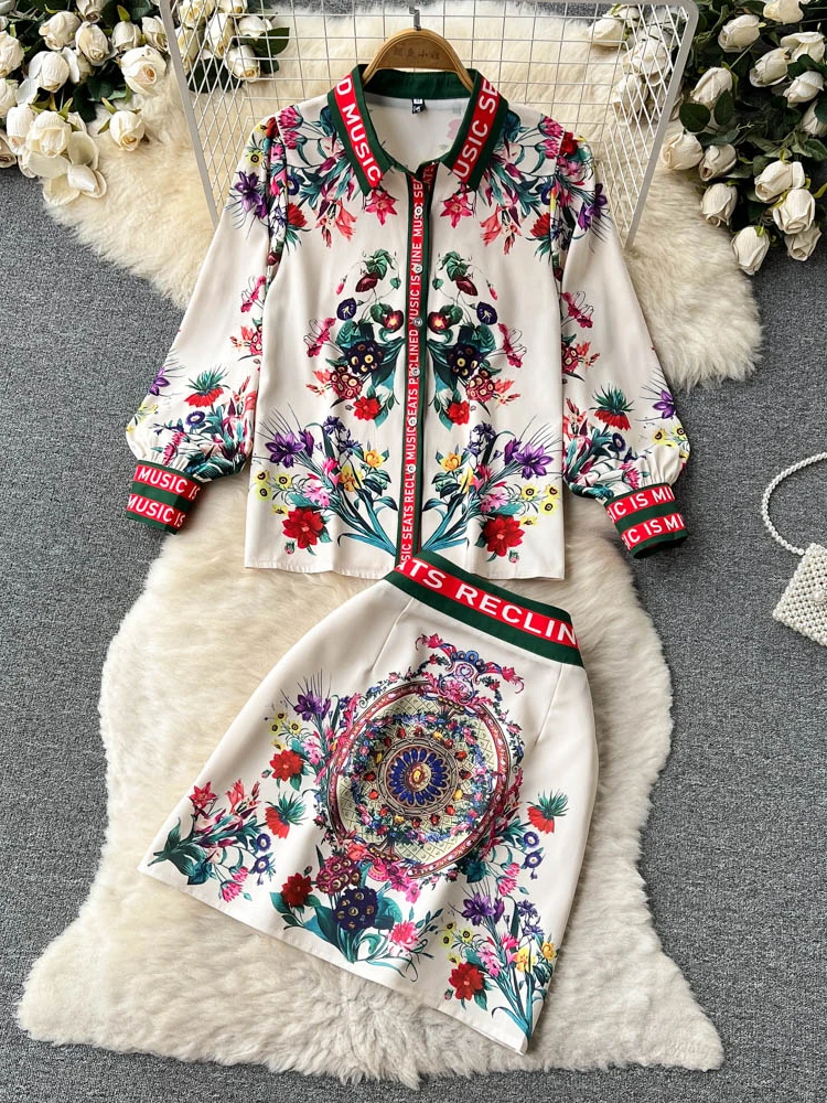 Женский костюм с принтом LY VAREY LIN, комплект из двух предметов, однобортная рубашка с лацканами и юбка-трапеция с высокой талией, весна-лето 
Женский костюм с принтом LY VAREY LIN, комплект из двух предметов, однобортная рубашка с лацканами и юбка-трапеция с высокой талией, весна-лето