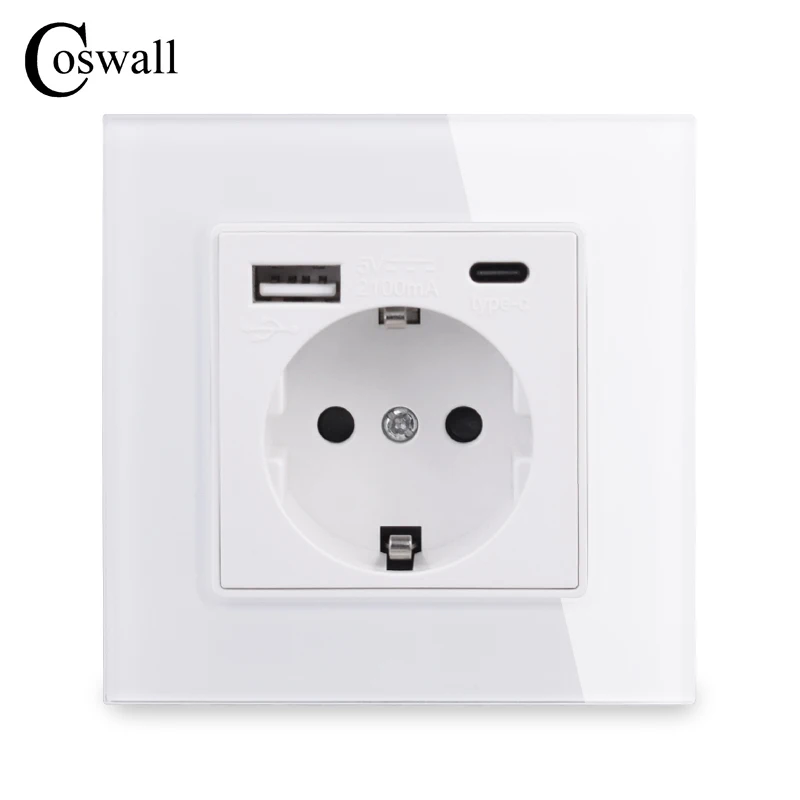 

Coswall EU Russia Spain Standard Wall Power Socket Grounded USB Type A & Type-C Charge Port Tempered Glass Panel White