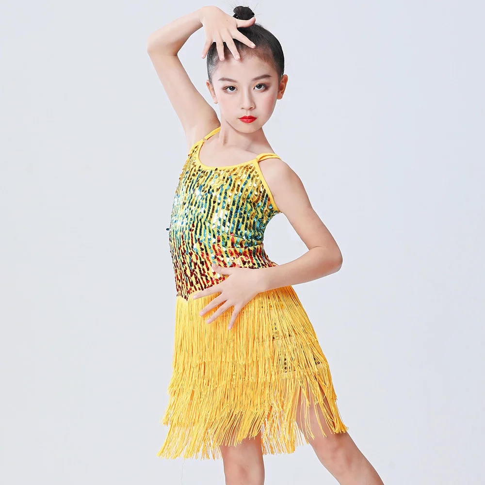 

Latin Dance Kids Girl Costume Sling Sequins Tassel Dance Wear Standard Stage Performance Clothes for Girls from 4-14 Years Old