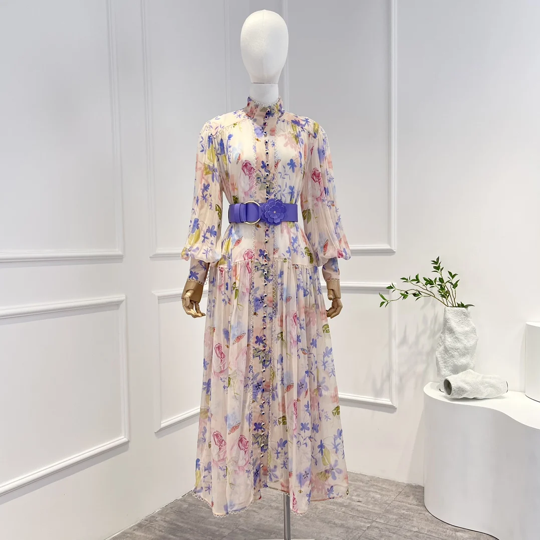 

Женское шелковое платье миди с поясом, элегантное милое весеннее платье с длинным рукавом-фонариком и цветочным принтом, 2023