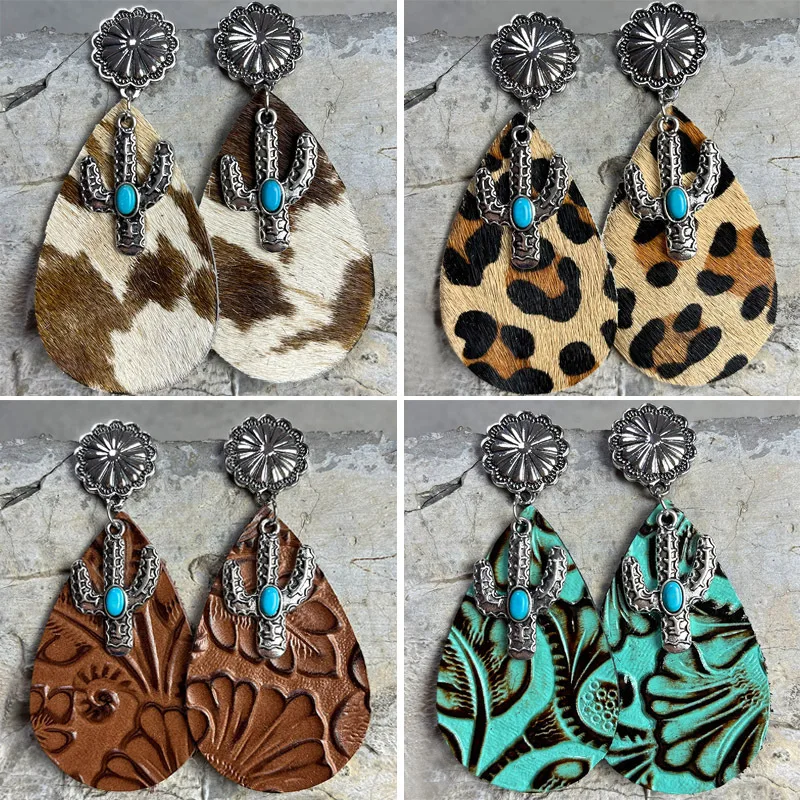 

Vintage Embossed Western Leather Earring Turquoise Cactus National Style Earrings for Women Western Jewelry Wholesale